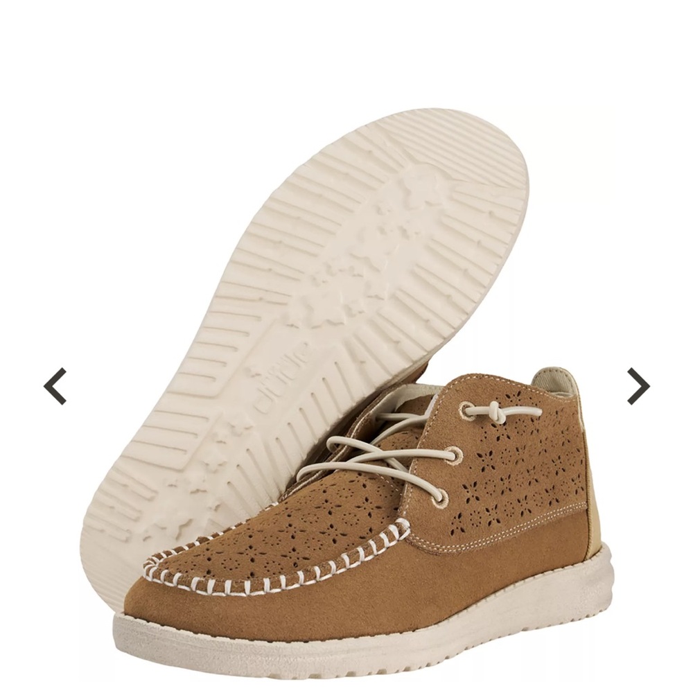 Hey Dude women’s Tan Suede Perforated Chukka with White Sole